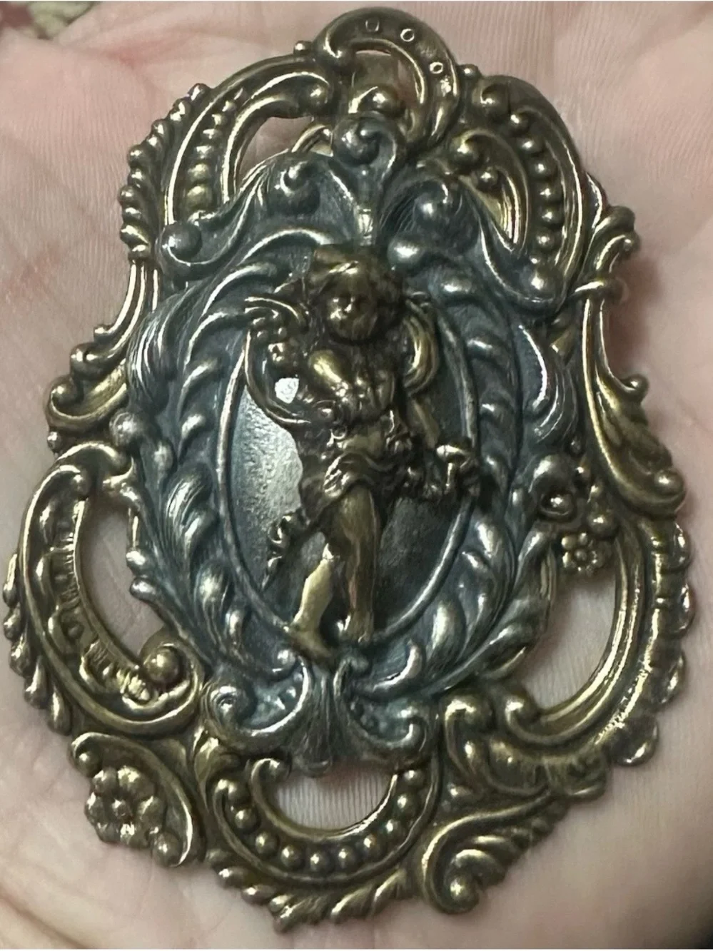 Two-Tone Cherub Statement Brooch in Gold and Dark Silver Victorian Style